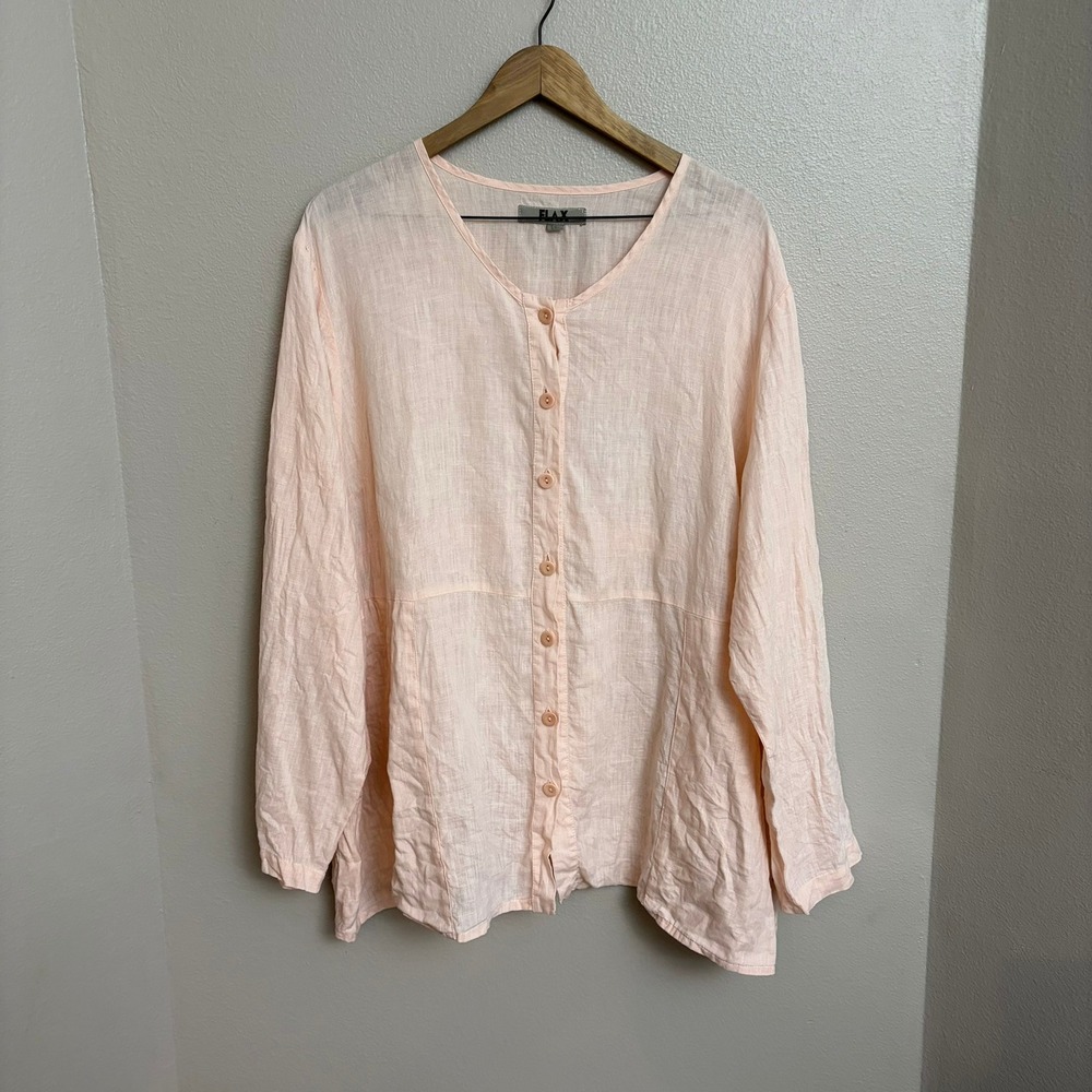 FLAX Button Down Top Large Peach Pink 100% Linen Lagenlook Peplum Drawback